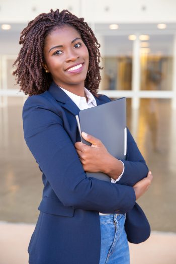 Happy,Cheerful,Office,Employee,Posing,Outside.,Young,African,American,Business